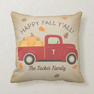 Happy FALL Y'all Red Truck Pumpkins Monogramm Kissen
