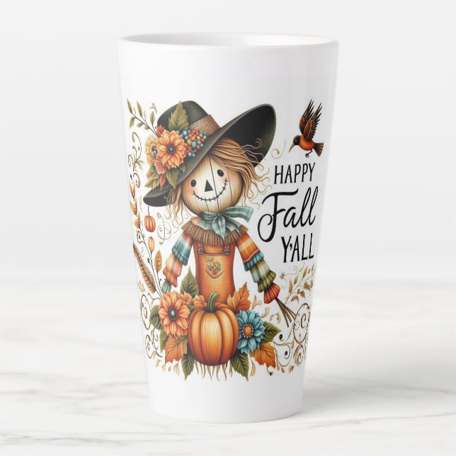 Happy Fall Ya'll Scarecrow und Herbstblätter Milchtasse (Vorderseite)