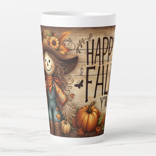 Happy Fall Ya'll Scarecrow und Herbstblätter Milchtasse (Vorderseite)