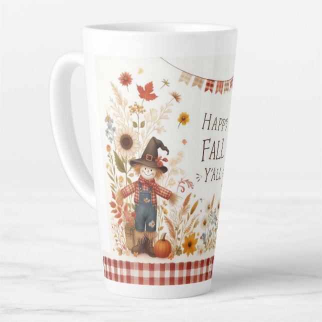 Happy Fall Ya'll Scarecrow und Herbstblätter Milchtasse (Linke Ecke)