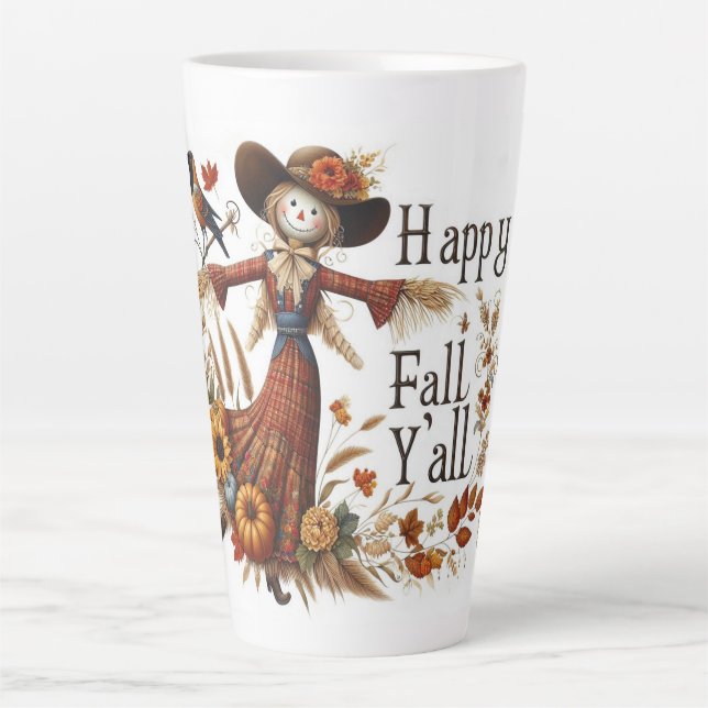 Happy Fall Ya'll Scarecrow und Herbstblätter Milchtasse (Vorderseite)