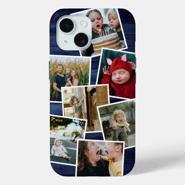 Happy Family Foto Collage Blue Wood Case-Mate iPhone Hülle (Rückseite)