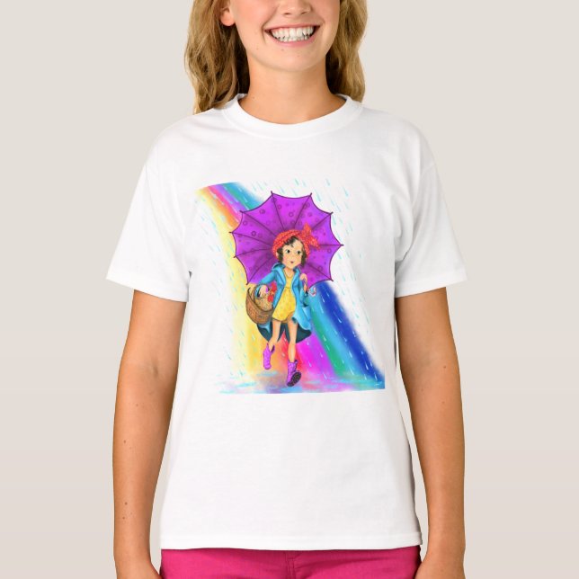 Happy Farm Girl mit Regenschirm-T - Shirt (Vorderseite)