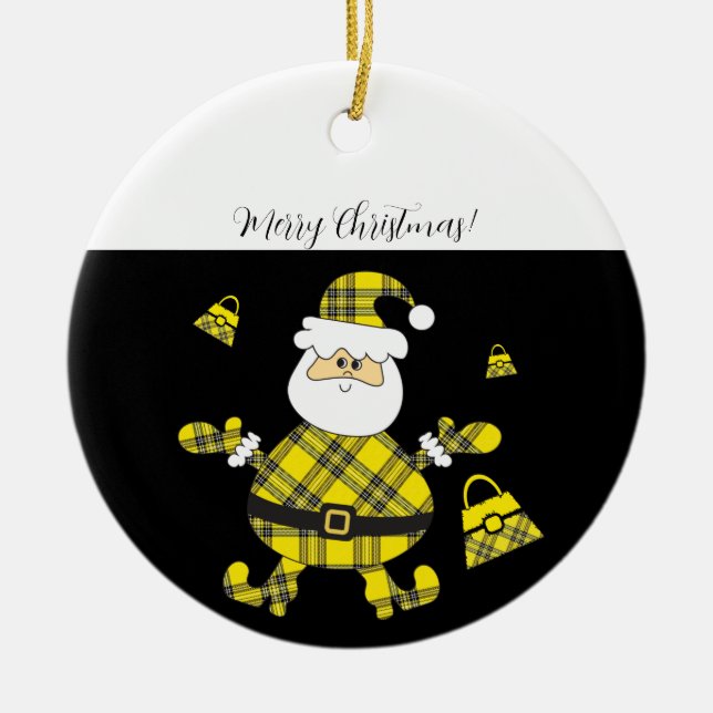 Happy Fashion Yellow Tartan Santa Keramik Ornament (Vorne)