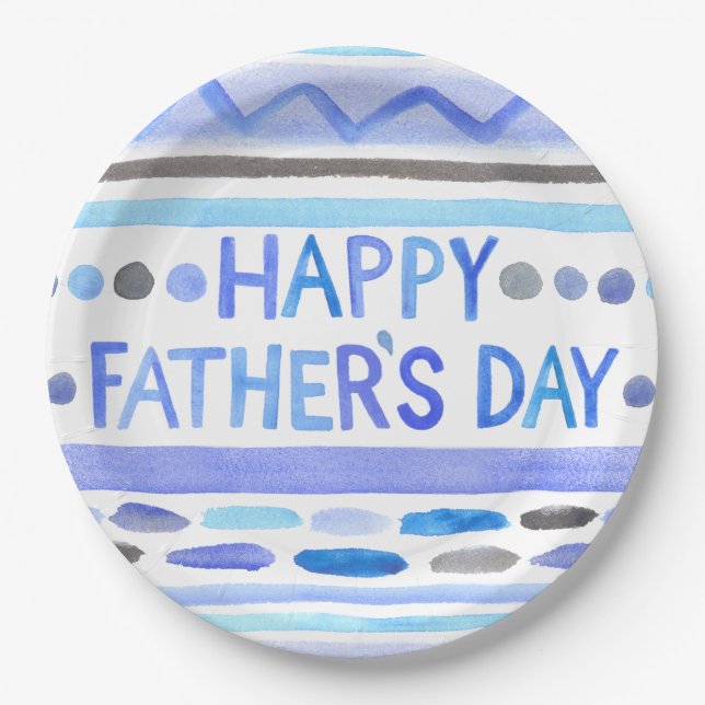 Happy Father's Day Blue Watercolor Streifen Pappteller (Vorderseite)