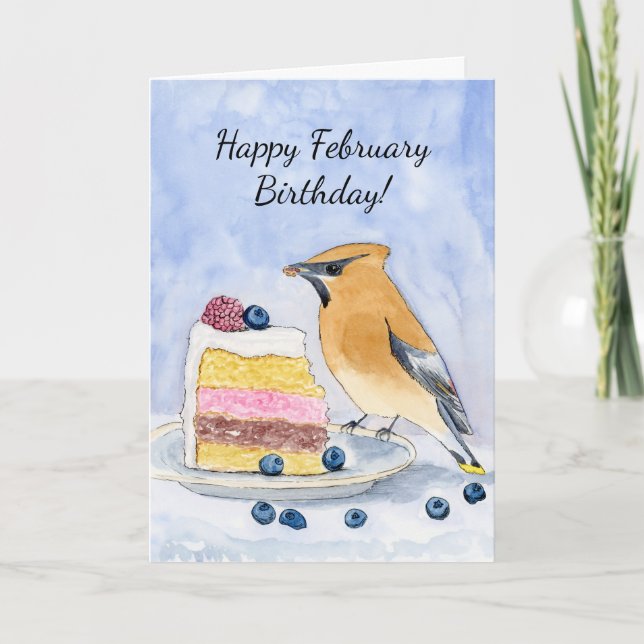  Happy February Birthday Cedar Waxwing Cake Karte (Vorderseite)
