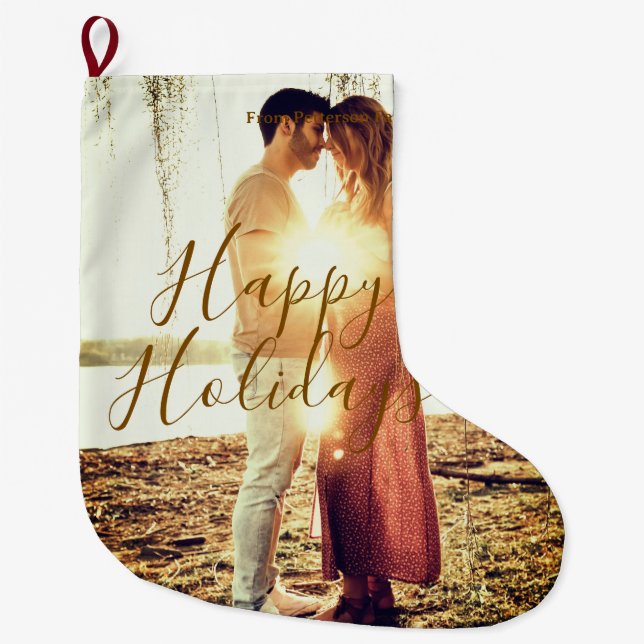 Happy Ferien braun hinzufügen Pärchen Foto Datum m Großer Weihnachtsstrumpf (Vorderseite)