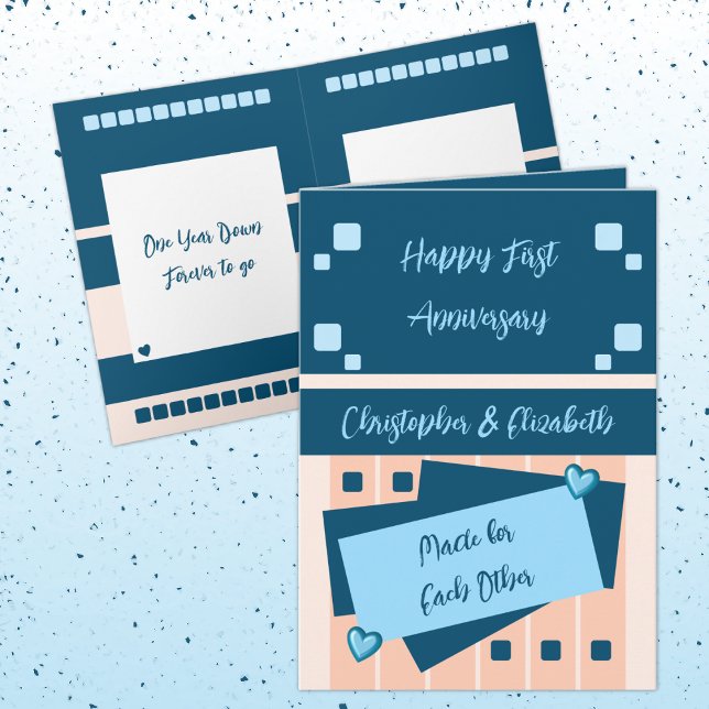 Happy First Anniversary fügt Namen blauen Pfirsich Karte (Von Creator hochgeladen)