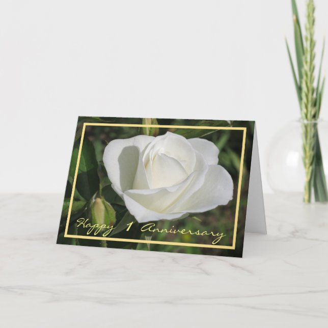 Happy First Anniversary White Rose Elegant Cursive Karte (Vorderseite)