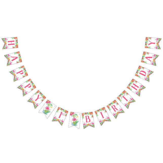 Happy First Birthday Banner, Flamingos Wimpelkette (Alle)