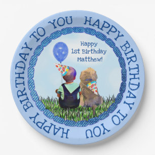 Happy First Birthday Boy and Dog Pappteller