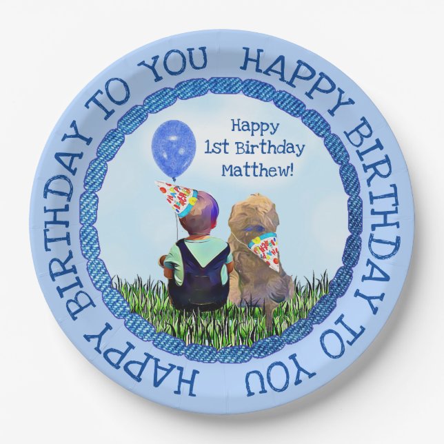 Happy First Birthday Boy and Dog Pappteller (Vorderseite)