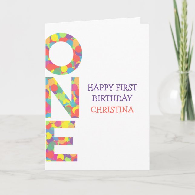 Happy First Birthday Girl Personalisiert Confetti Karte (Vorderseite)