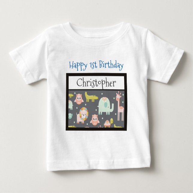 Happy First Birthday Safari Animals Muster Baby T-shirt (Vorderseite)