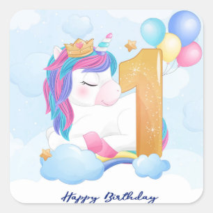 Happy First Birthday Unicorn Quadratischer Aufkleber