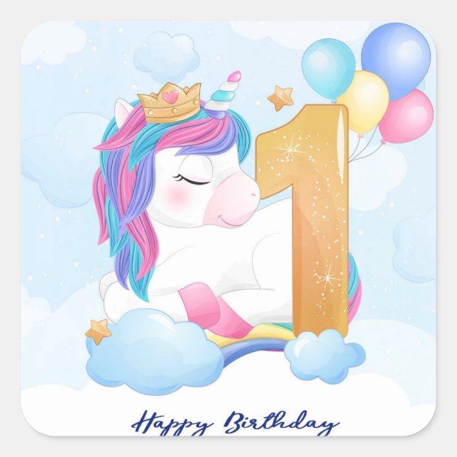 Happy First Birthday Unicorn Quadratischer Aufkleber (Vorderseite)