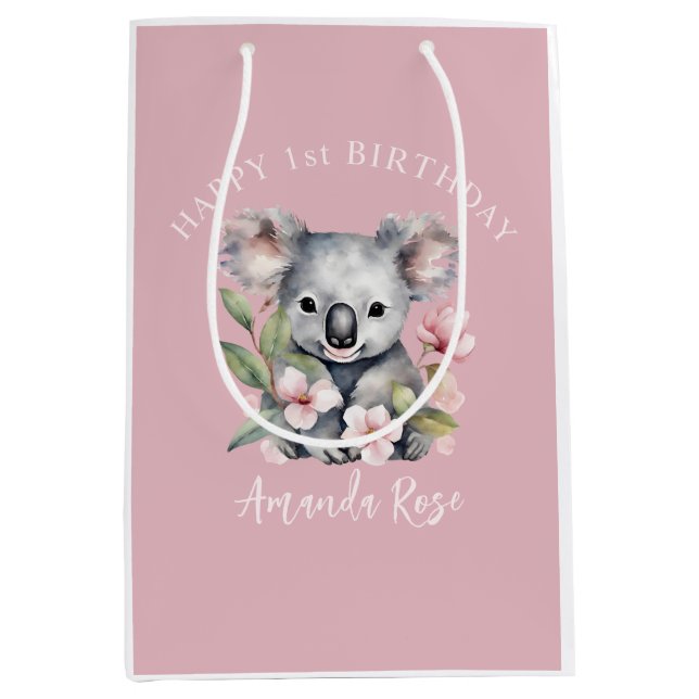 Happy First Birthday Watercolor Koala Mittlere Geschenktüte (Vorderseite)