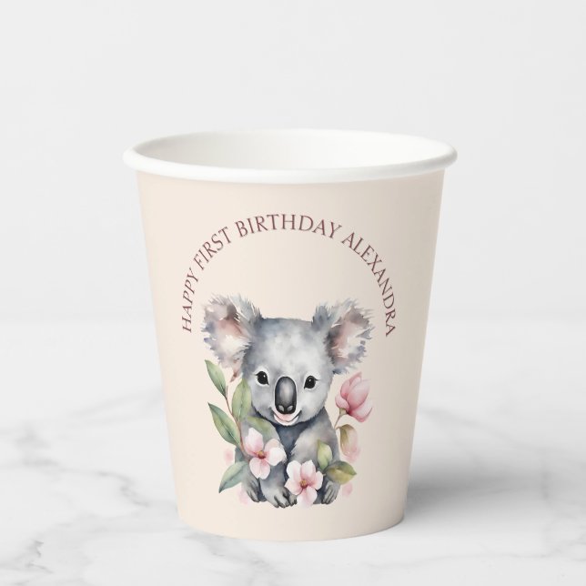 Happy First Birthday Watercolor Koala Pappbecher (Vorderseite)