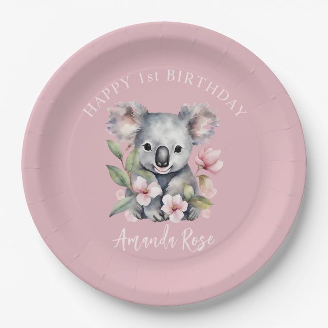 Happy First Birthday Watercolor Koala Pappteller (Vorderseite)
