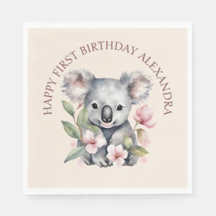Happy First Birthday Watercolor Koala Serviette