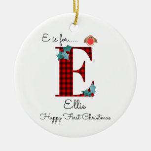 Happy first Christmas E lumberjack robin tree Keramik Ornament