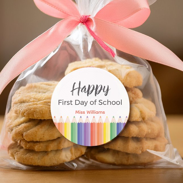 Happy First Day School Lehrer Sticker (Choose between 3 inch and 1.5 inches stickers. )