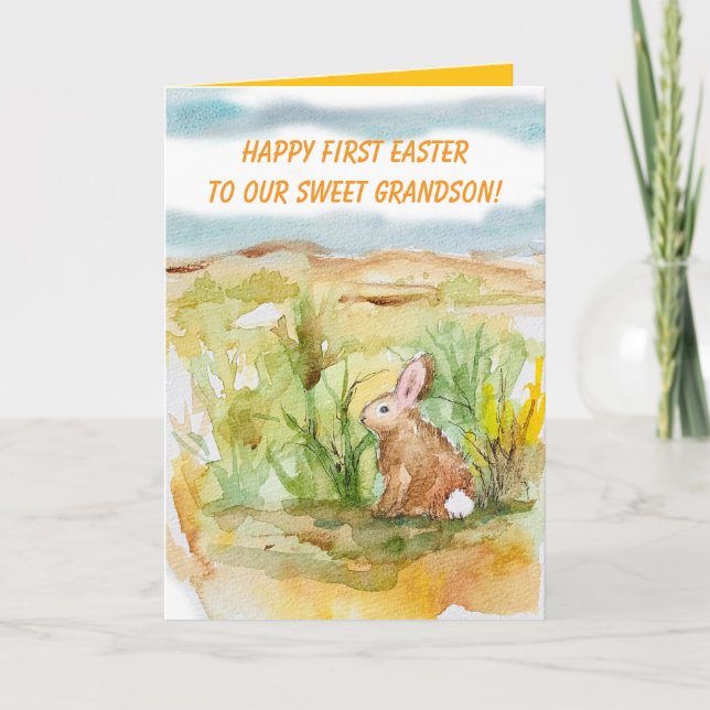 Happy First Easter Grandson Rabbit Wildflowers Karte (Vorderseite)