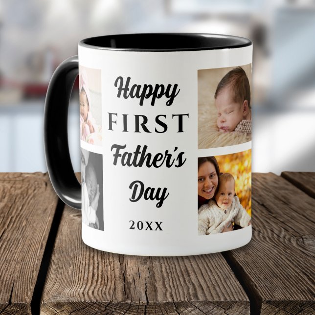Happy First Father's Day Black 8 Photo Collage Dad Tasse (Von Creator hochgeladen)