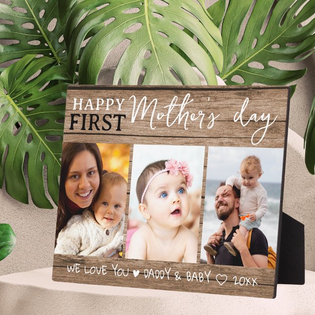 Happy First Mother's Day 3 Foto Collage Wood Fotoplatte (Happy First Mother's Day 3 Photo Collage Wood Plaque
)