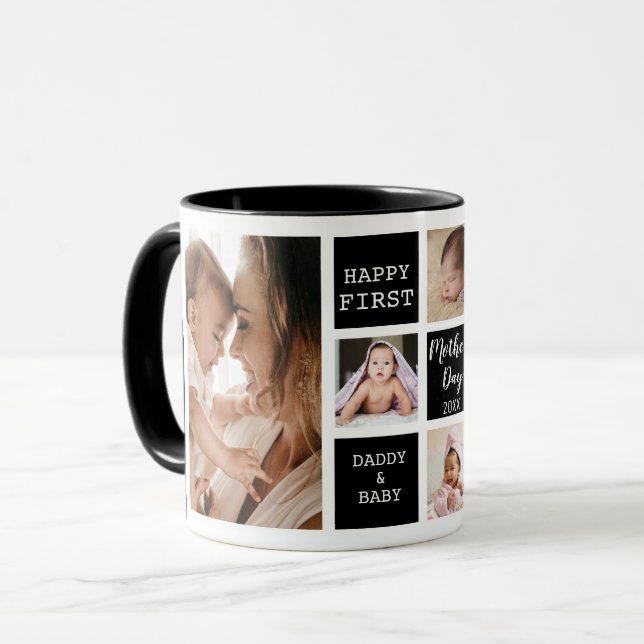 Happy First Mother's Day 5 Foto Collage Black Tasse (Vorderseite Links)