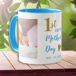 Happy First Mother's Day Blue And Gold  2 Photo  Tasse<br><div class="desc">A cute photo mug gift for new mommy personalized for her 1st mother's day .</div>