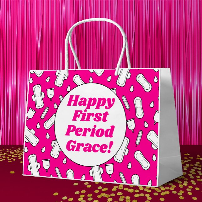 Happy First Period Party Hot Pink Niedlich Tampon  Große Geschenktüte (Mockup of gift bag)