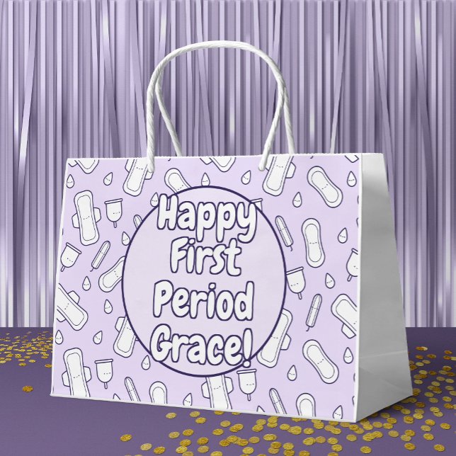 Happy First Period Party Lila Niedlich Tampon Pad Große Geschenktüte (Mockup of gift bag)