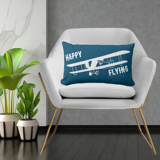 Happy Flying Typografy & Airplane, blau, einfach Lendenkissen (Von Creator hochgeladen)