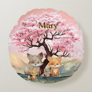 Happy Fox Familie genießt den Frühlingstag Rundes Kissen