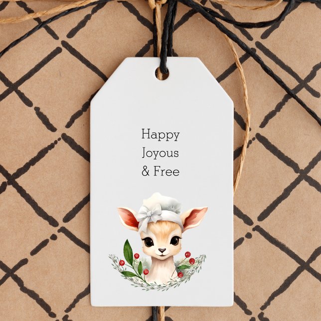 Happy Frey, Niedliche Hirsche Sober Weihnachten Geschenkanhänger (sobriety christmas gift tag, sober xmas label with cute deer and "happy joyous free" typewriter font)