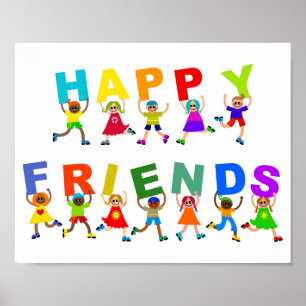Happy Friends Niedlich Cartoon Diverse Kids Text Poster