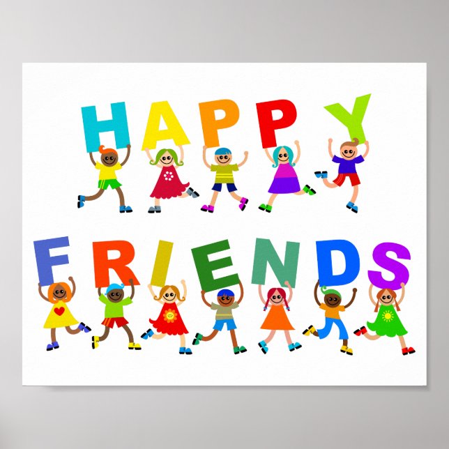 Happy Friends Niedlich Cartoon Diverse Kids Text Poster (Vorne)