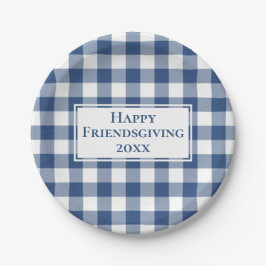 Happy Friendsgiving Blue White Gingham Kariert Pappteller