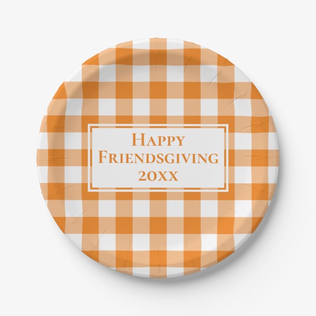 Happy Friendsgiving Orange White Gingham Kariert Pappteller (Vorderseite)