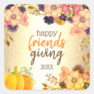 Happy Friendsgiving Pumpkin & Pink Gold Blume Quadratischer Aufkleber