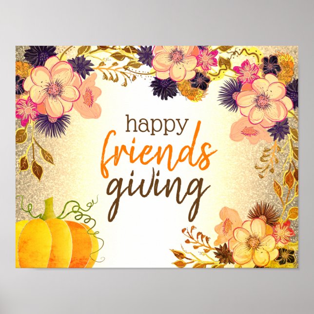 Happy Friendsgiving Pumpkin und Blume Pink Gold Poster (Vorne)