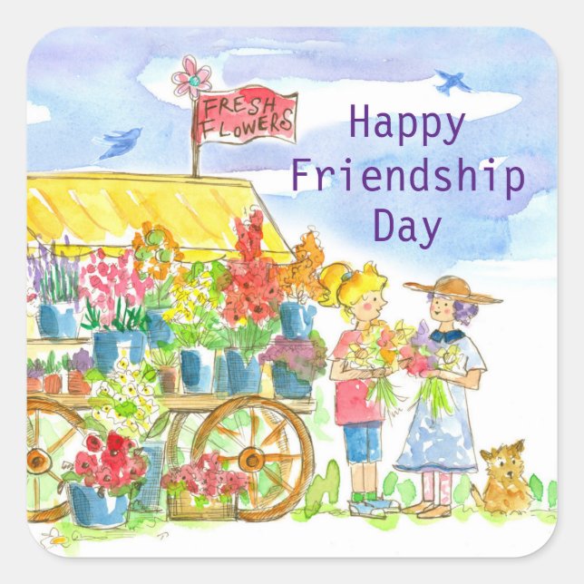 Happy Friendship Day Frauenfreunde Hunde Blume Quadratischer Aufkleber (Vorderseite)