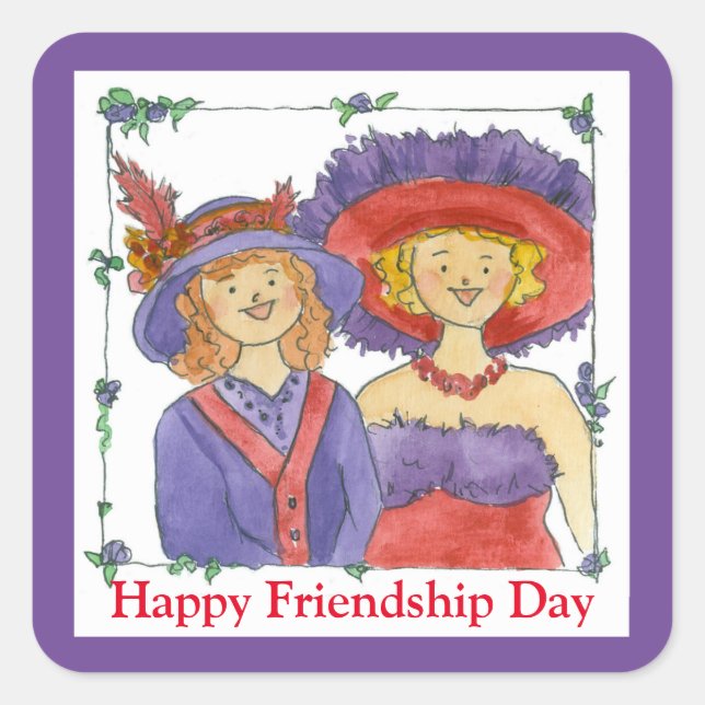 Happy Friendship Day Ladys in Big Hats Red Lila Quadratischer Aufkleber (Vorderseite)