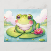 Happy Frog on Lily Pad - Cute Digital Watercolor