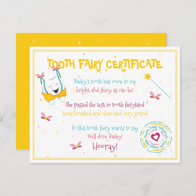Happy Fun Tooth Faible Certificate Yellow Color Po Mitteilungskarte (Vorne/Hinten)