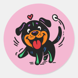 Happy Funny Cartoon Rottweiler Puppy Runder Aufkleber