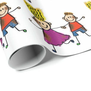 Happy Funny Kids Couple Zeichnend Doodle Cartoon Geschenkpapier