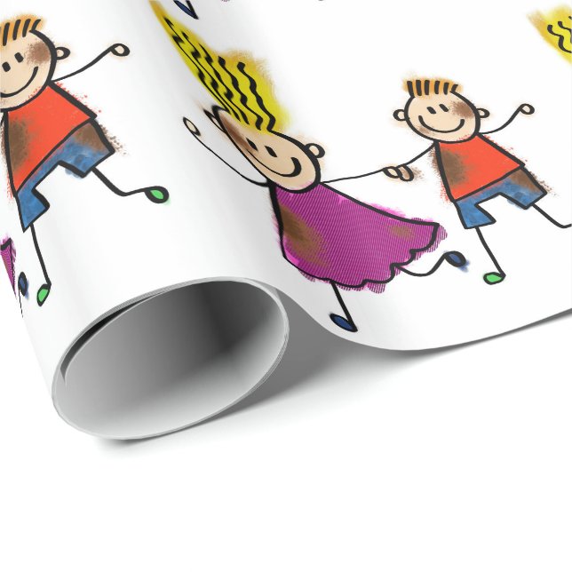 Happy Funny Kids Couple Zeichnend Doodle Cartoon Geschenkpapier (Rolleneckpunkt)