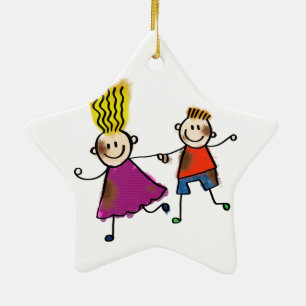 Happy Funny Kids Couple Zeichnend Doodle Cartoon Keramik Ornament
